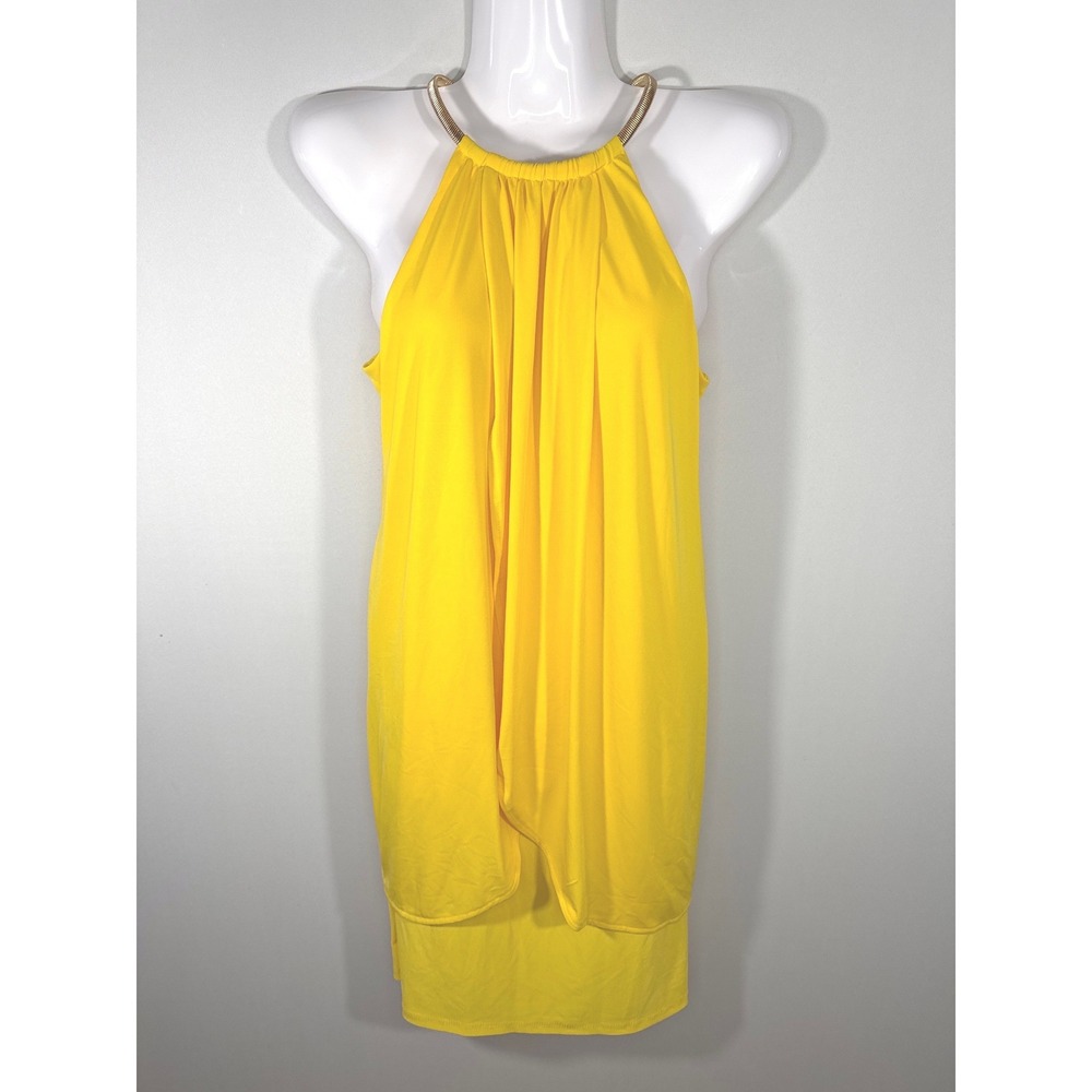 Kensie Yellow Halter Dress Gold Chain Neckline Draped Layered Mini Size 2